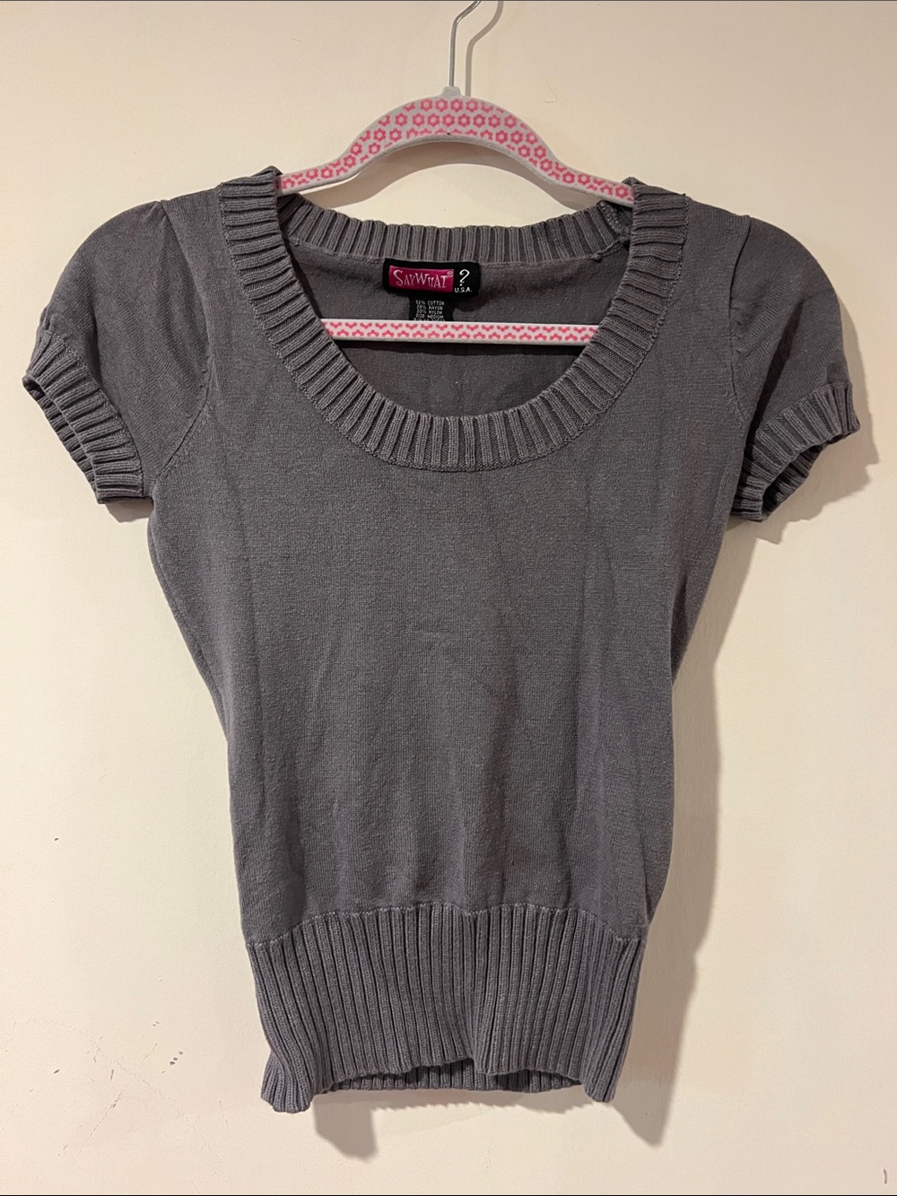 Say What? Gray Short Sleeve Scoop Neck Knit Top